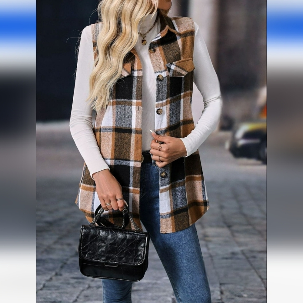 Precious Plaid Sleeveless Shirt/Vest/Shacket In Tan/Black/White - Picture 7 of 12